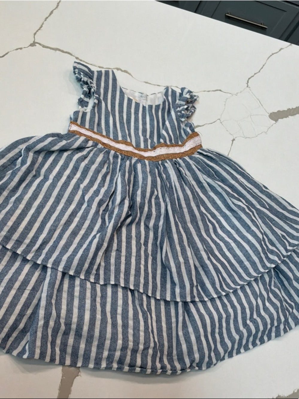 Laura Ashley London 5 Blue White Striped Girls' Dress Gold Trim Lined Ruffles